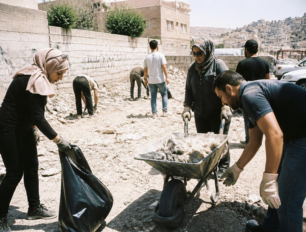 Residents clearing a vacant lot together in Amman, Jordan