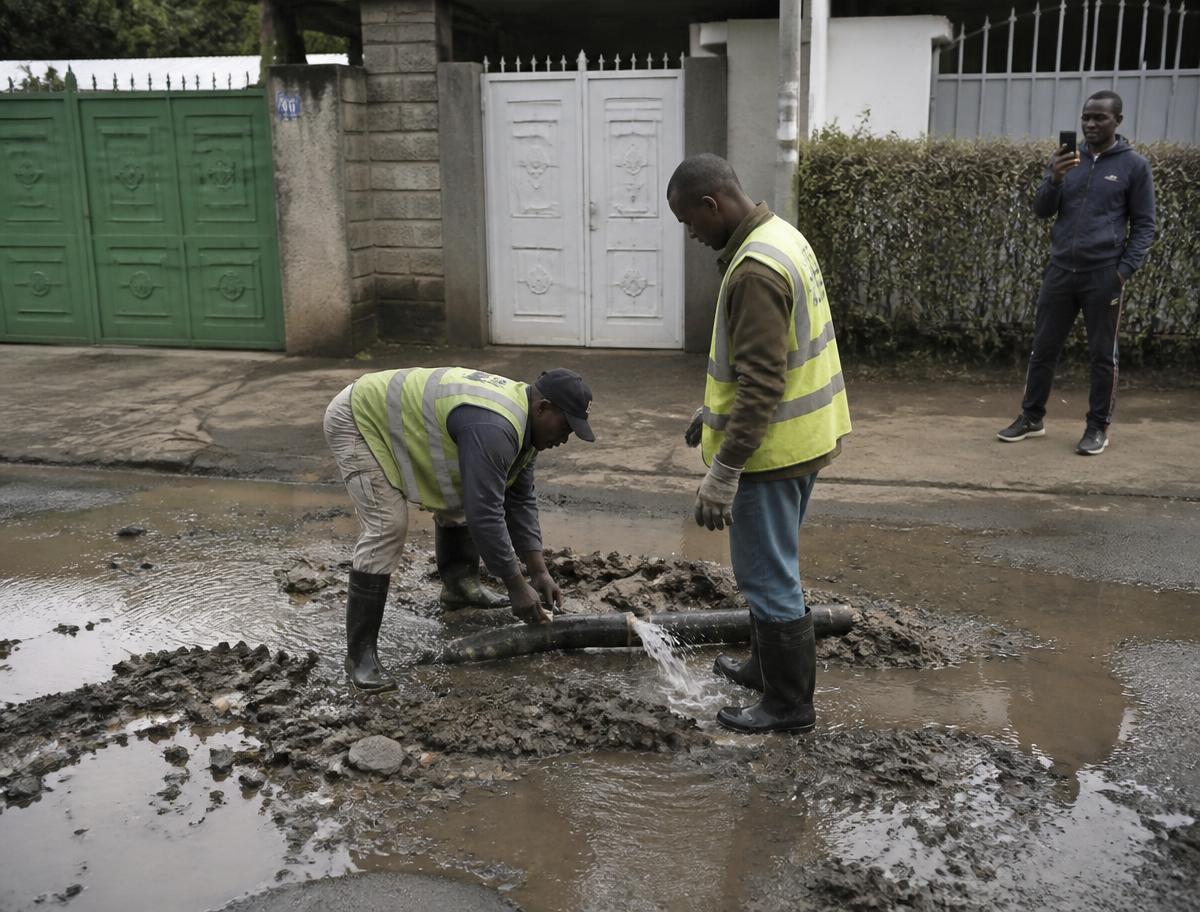 Municipal workers repairing a leaking water pipe in Nairobi while a resident films on a phone