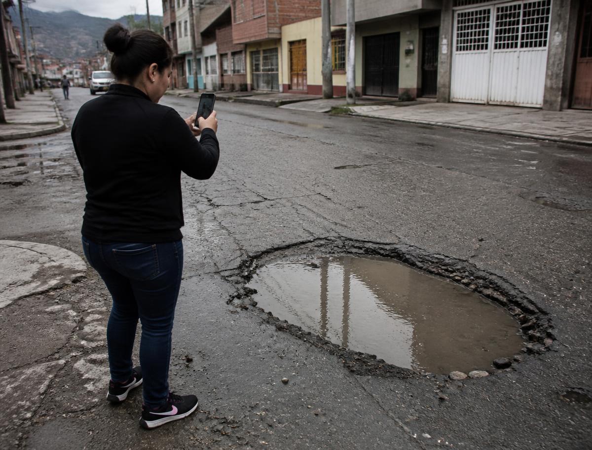 A woman photographing a large water-filled pothole on a residential street in Bogotá, Colombia