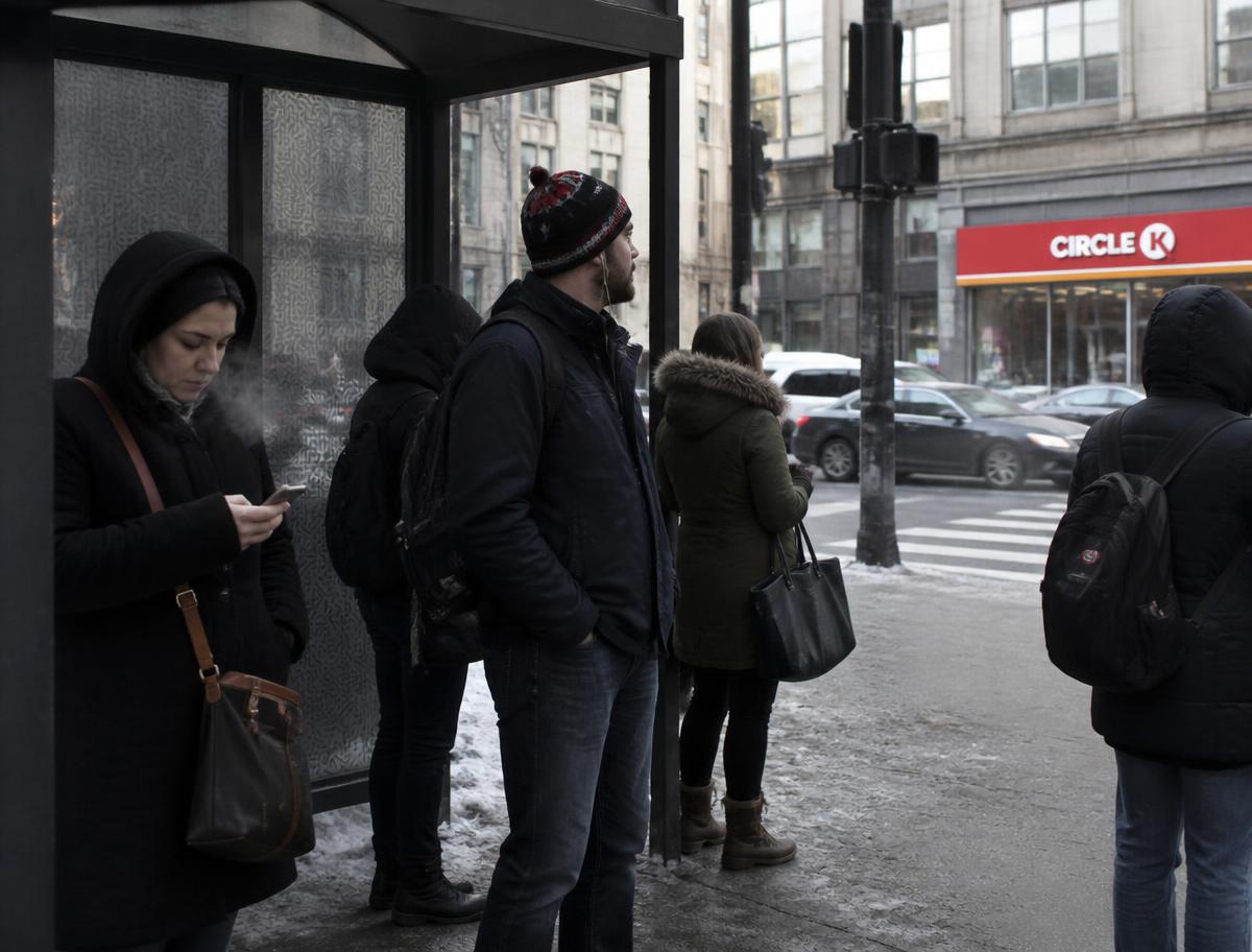 Commuters waiting at a bus shelter in Chicago on a winter morning