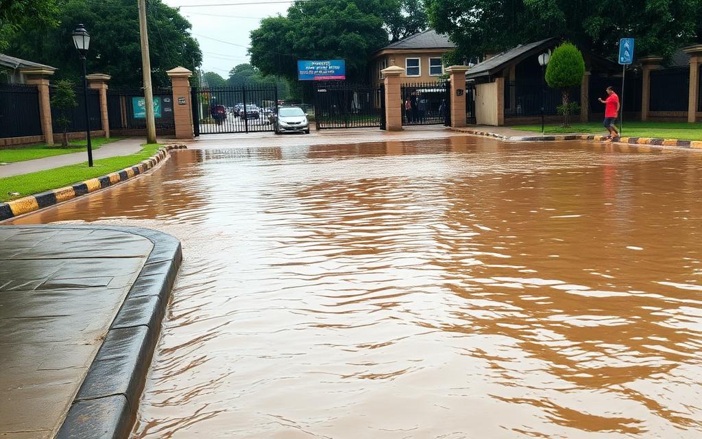 Floodwater covering a road beside a kerb