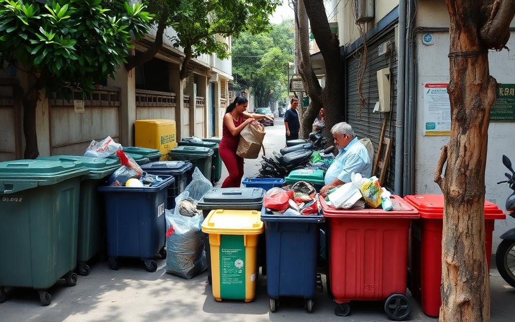 Sorted recycling bins on a neighbourhood street