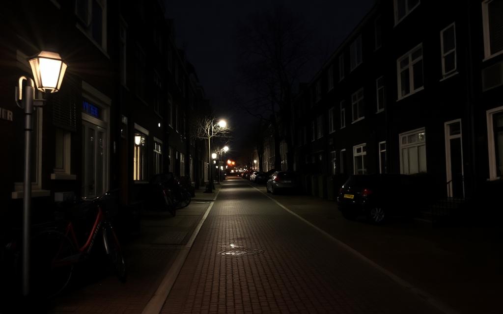 A dark residential street with an unlit lamp